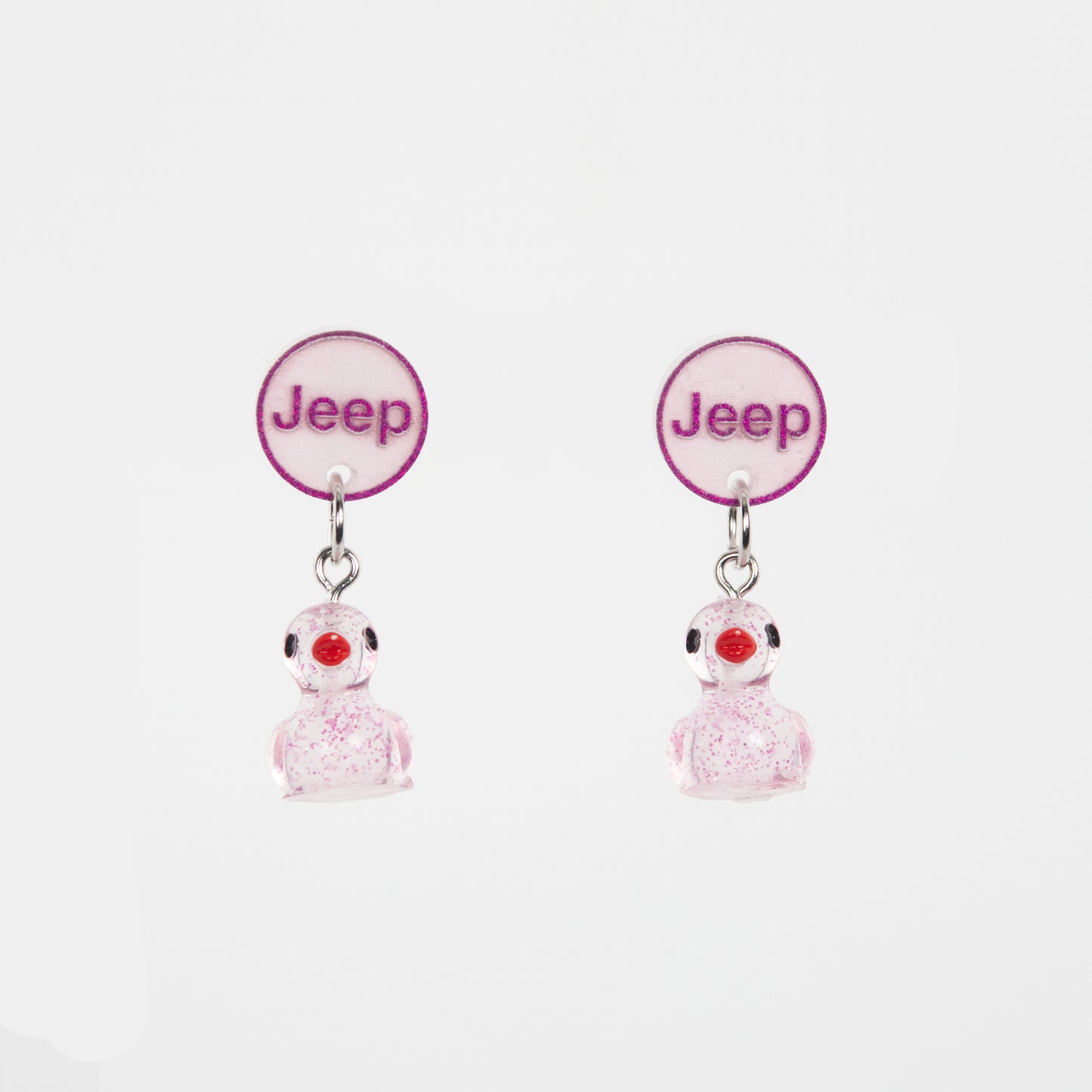 Duck Dangle Earrings - Clear with Hot Pink Speckles