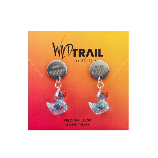 Duck Dangle Earrings - Clear with Blue Speckles