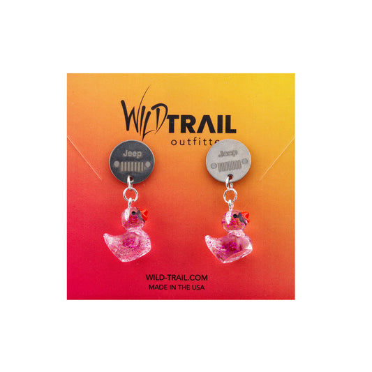 Duck Dangle Earrings - Clear with Pink Speckles