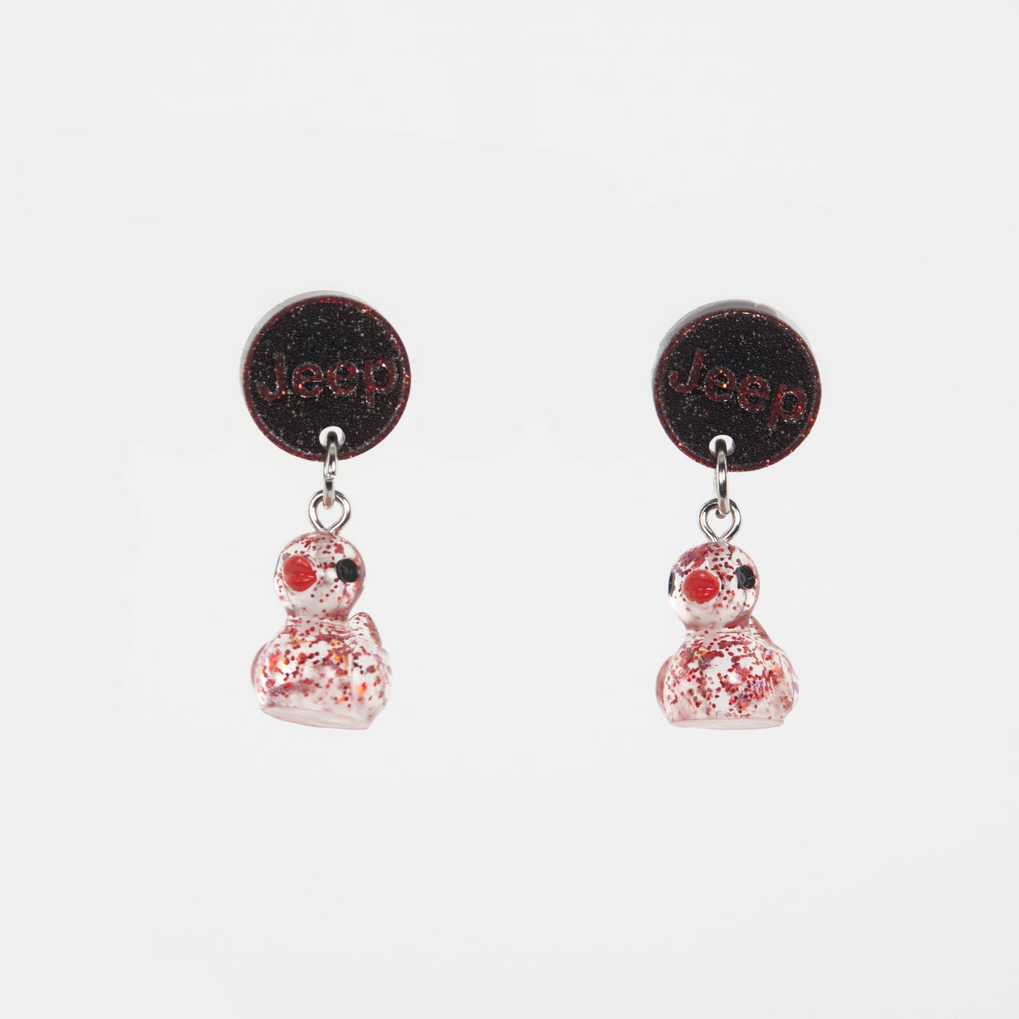 Duck Dangle Earrings - Clear with Red Speckles