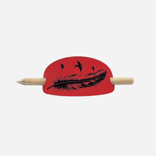 Feather Oval Hair Barrette - Red & Black