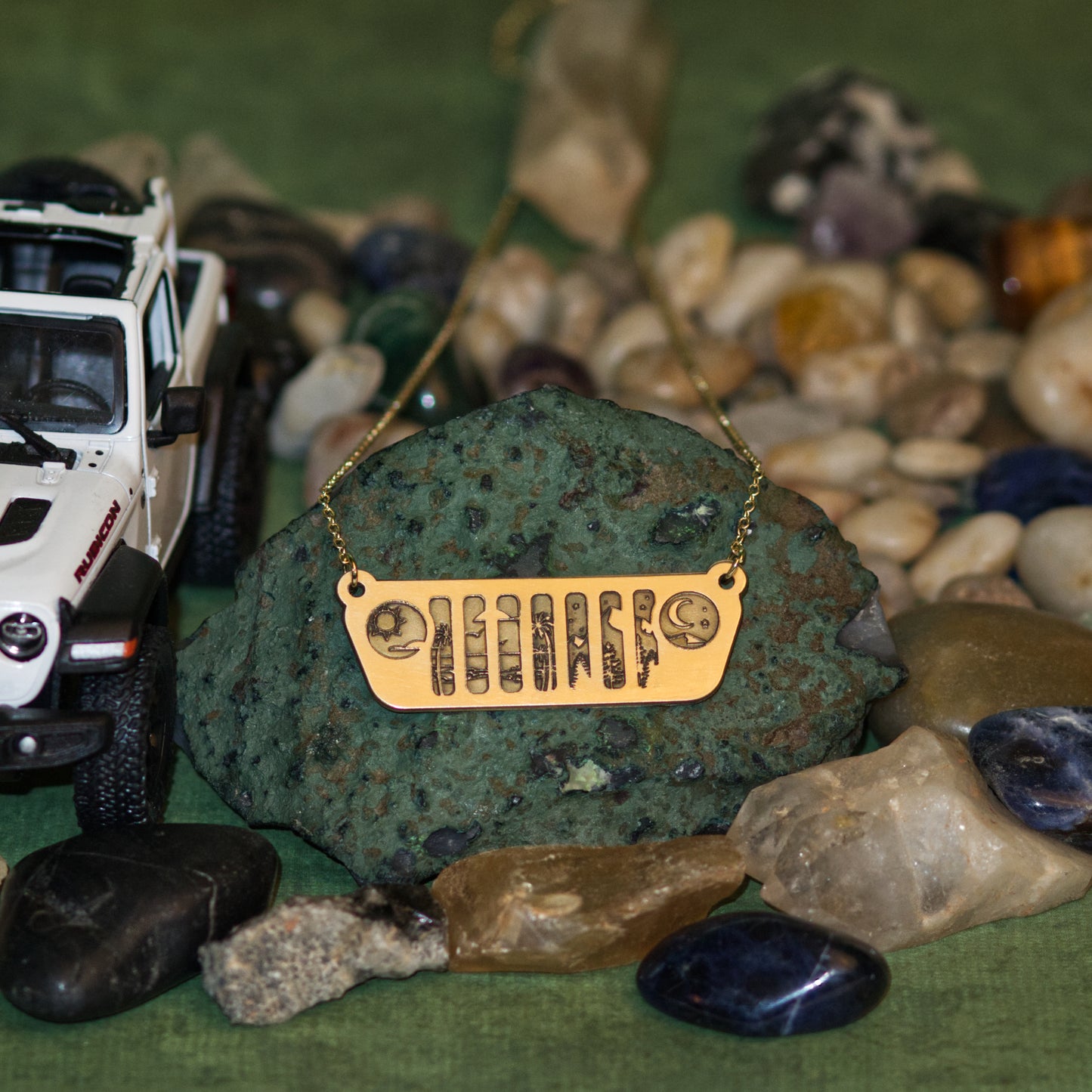 Jeep JL Grill with Ocean to Mountains Brass Necklace