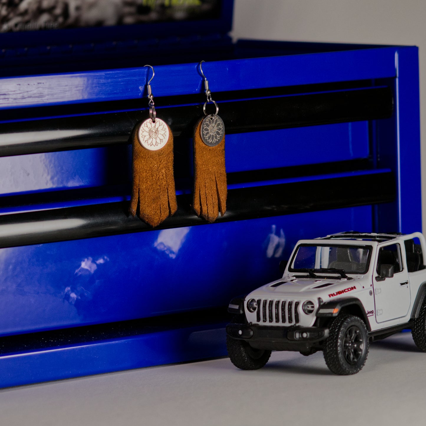 Sunflower with Leather Fringe Earrings